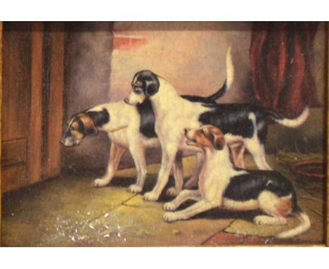 Two animalia prints, one of three dogs waiting by a door, the other of two playful kittens, kin deep gilt frames, and a silve