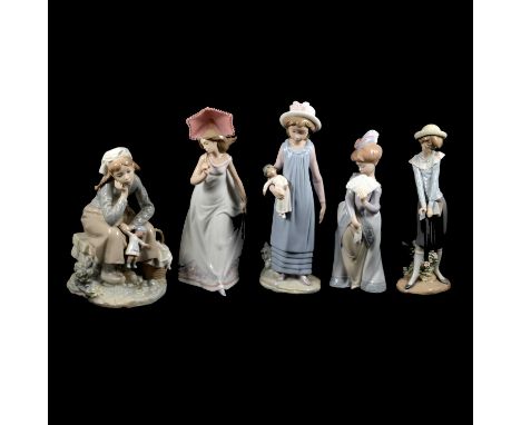 Seven Lladro figures, including 'Belinda with her Doll' model 5045, and models 7636, 5709, 5210, 6117, and two others, some b