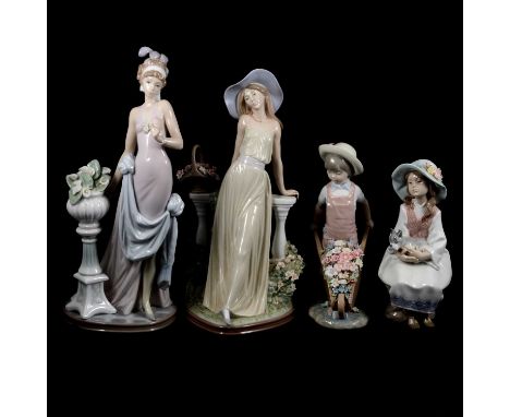 Lladro, six figurines including Boy with Flower Barrow, model 1283, Lady with a Parasol, model 5003, Seated Girl with Puppy, 