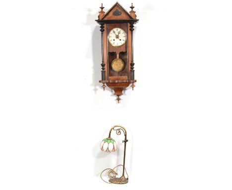 Vienna style beech wall clock, 72cm, and a modern brass table lamp, 45cm.Qty: 2