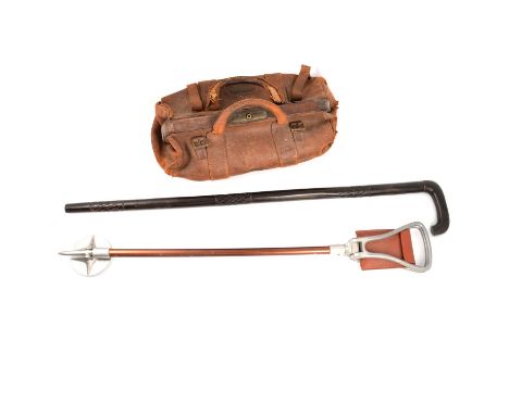Vintage leather Gladstone bag, African walking stick and a shooting stick.Qty: 3Condition report:Width - 46cm, depth -26cm. H