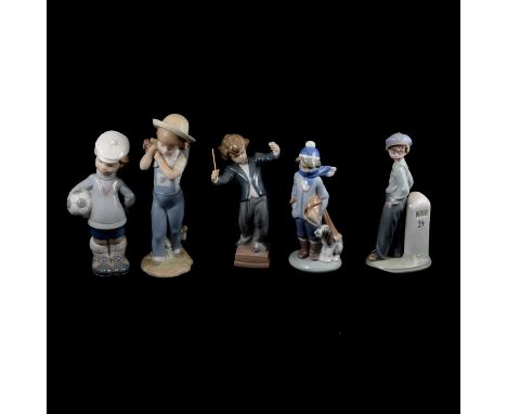 Collection of nine Lladro figures and groups including 'Flowers on the Back' model 1286, Boy Footballer in Flatcap, Young Con