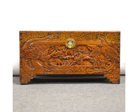 Singapore carved camphor wood blanket box, brass lock, width 75cm, depth 36cm, height 39cm.Condition report:There is no shelf