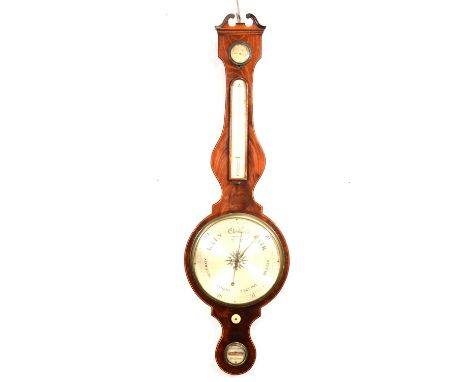 George III mahogany banjo barometer, swan neck pediment, silvered charts, signed D Gugeri, Boston, 105cm.Condition report:The