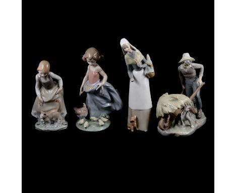 Five Lladro figures, including a boy with wheelbarrow and a dog, five Lladro year bells, a small Angel face, Lladro Society s