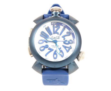 Gaga Milano - a gentleman's Diver automatic wristwatch, the 37mm circular white dial with blue Roman numerals in a 48mm blue 