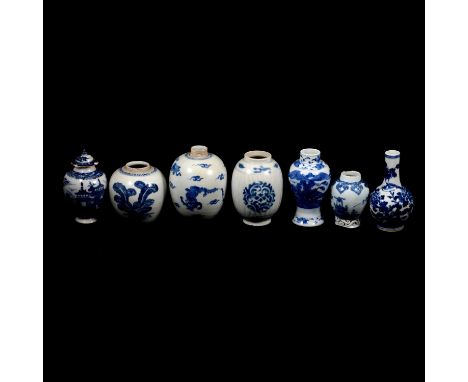 Seven Chinese porcelain vases, including ovoid vase with dragon in blue and white, reatored, 15cm, two other ovoid vases, sma