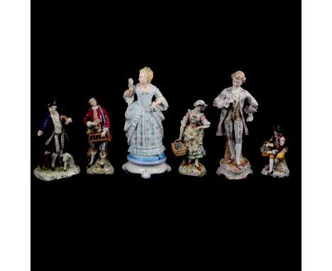 Collection of twelve Continental porcelain figurines, including a pair of Court figures in pale blue dress, incised mark RG, 