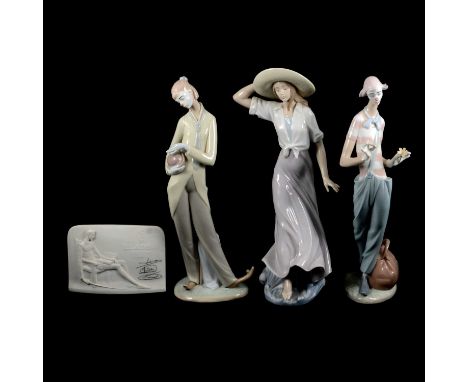 Five Lladro figures - Clown in Love, model 6997 - and models 6863, 6997, 8055, large figure Lady with Fan marked in pen 'Loui