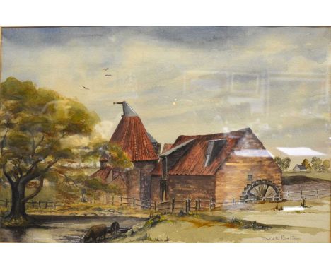 Derek Button, oast house and watermill,watercolour, signed,framed and glazed,37x57cm.