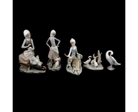 Six Lladro figurines with birds and animals, three Lladro geese figures, and one Nao group of geese, some boxed