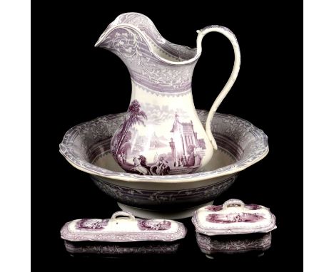 Staffordshire transferware four-piece jug and bowl set, transferred with Classical scenes in lilac, bowl 39cm diameter.Condit