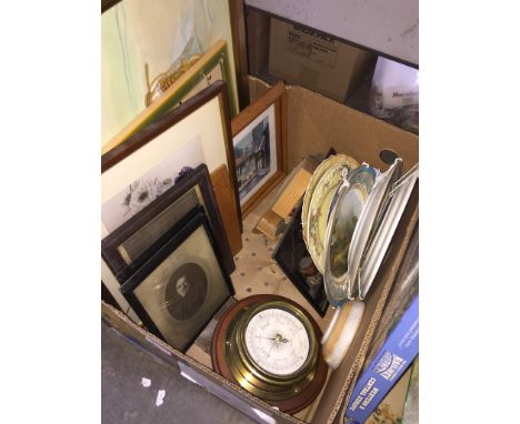BOX OF PICTURES, POTTERY & A BAROMETER
