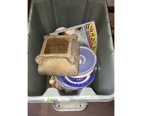 BOX OF POTTERY PLATES, PLANTER, ETC.