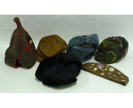 RUSSIAN KHAKI FABRIC MILITARY CAP applied with eighteen various Russian enamel badges to include athletics related items and 