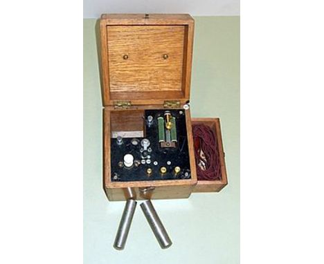 INDUCED CURRENT COIL with a simple electro-magnetic interrupter, and draw tube, mounted in a polished wooden case.  Sweep swi