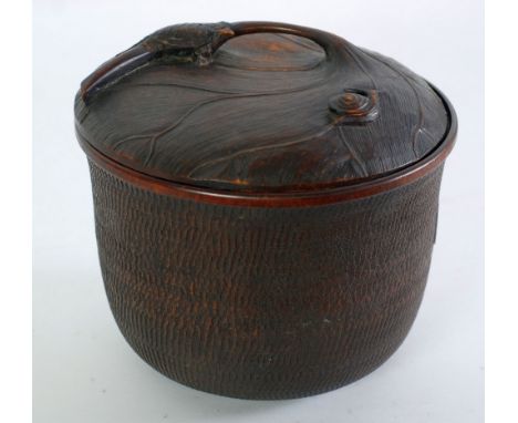 PROBABLY EARLY 20TH CENTURY ORIENTAL TURNED AND CARVED HARDWOOD DEEP BOWL WITH COVER depicting a terrapin and snail on a lill