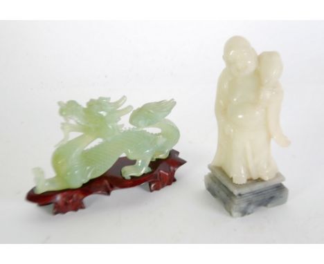 MODERN CHINESE PALE GREEN JADE FIGURE OF A FOUR HEAD DRAGON 5 1/4" (13.3) wide on carved wood stand and PALE GREEN/WHITE HARD