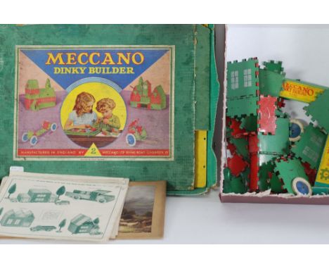MECCANO DINKY BUILDER BOX SET No 2, distressed but pictorial top and majority of box base intact and SUNDRY PARTS including t