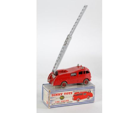 DINKY TOYS BOXED "FIRE ENGINE" No 555 red with silver metal extension ladder and chromed bells, good, pictorial blue and whit