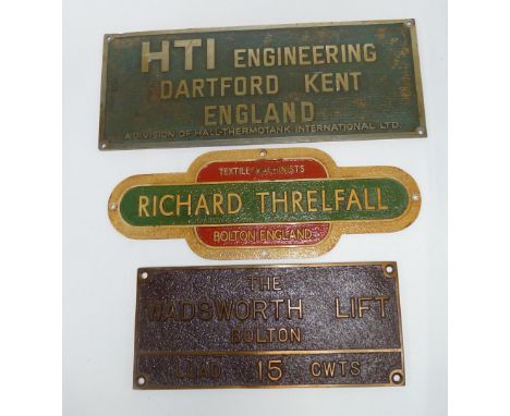 COLOURED ENAMEL SMALL PLAQUE 'RICHARD THRELFALL - TEXTILE MACHINISTS BOLTON ENGLAND', red, green and gilt with gilt raised le