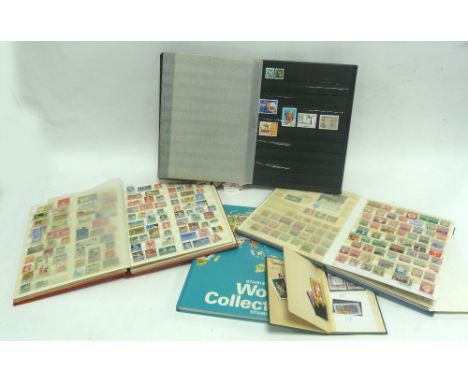 A COLLECTION OF POSTAGE STAMPS CONTAINED IN THE 'STANLEY GIBBONS WORLD COLLECTORS STAMP ALBUM' plus THREE FURTHER STOCK BOOKS