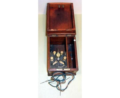 'ASTON' TYPE INDUCED CURRENT COIL, with electro-magnetic interrupter and draw tube, with two contemporary dry cells, in a por