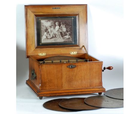 LATE 19TH CENTURY "SYMPHONION GERMANY" TABLE TOP 12" DISK MUSICAL BOX in walnut wood and burr walnut wood case the hinged lid