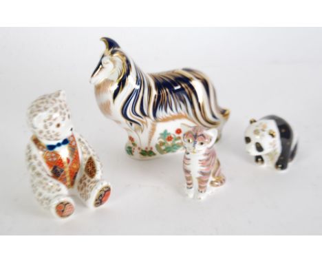 THREE ROYAL CROWN DERBY CHINA PAPERWEIGHTS OF ANIMALS, VIZ ROUGH COLLIE 6 1/2" (16.5cm) wide, SEATED CAT 3 1/4" (8.3cm) and B