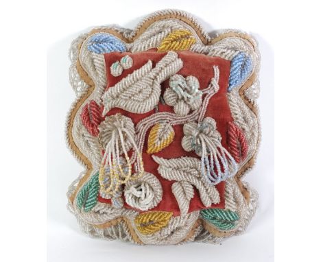 VICTORIAN GLASS BEADWORK, PLUSH AND SILK FABRIC LOVE TOKEN in the form af a polyfoil cushion depcting two birds, flowering br