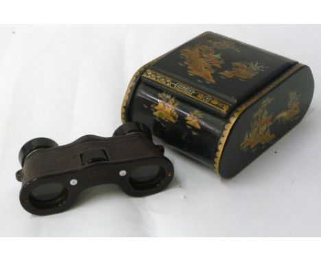 PAIR OF 'KERSHAW WIDE ANGLE' BAKELITE OPERA GLASSES, in morocco case (as found) and a BLACK LACQUERED TABLE CIGARETTE BOX, de