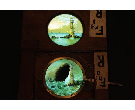 Mahogany-Mounted Magic Lantern Mechanical Slides: lever-action, maritime and comic, three levers missing (7), two static ligh