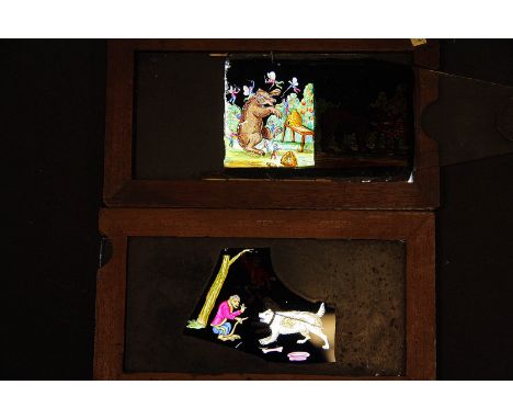 Mahogany-Mounted Magic Lantern Slipper Slides: hand-painted/coloured, by Newton and others, F-G, some damaged, incomplete (31