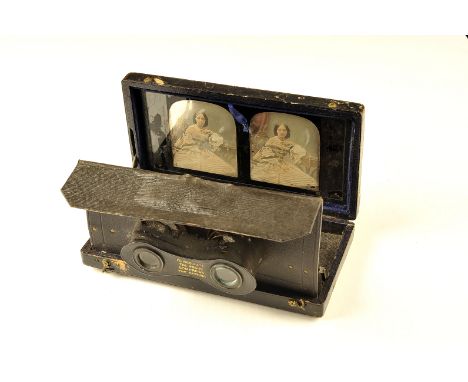 An Antoine Claudet Tinted Stereoscopic Portrait Daguerreotype of a Young Lady, simulated morocco viewing case with integral v