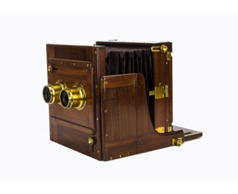 A Marion & Co. Stereo Mahogany Tailboard Camera, 8½x6¼”, with J. Lancaster f10 brass lenses, body, VG, some restoration, with