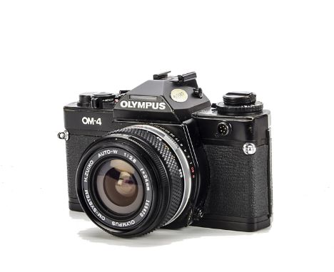 An Olympus OM-4 SLR Camera, black, serial no. 1040141, with H.Zuiko f/2.8 24mm lens, black, serial no. 165470, body, G, shutt