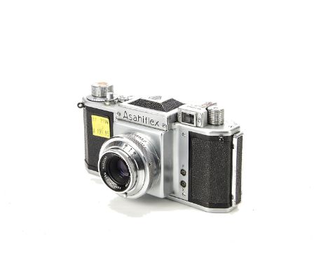 An Asahi Asahiflex I SLR Camera, chrome, serial no. 53801, with Takumar f/3.5 50mm lens, chrome, serial no. 53393, body, G, s