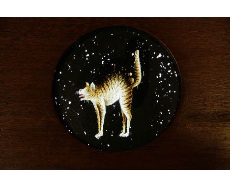 A Mahogany-Mounted Magic Lantern Lever-Action Slide, depicting a cat arching its back and bristling, hand painted, G (1)