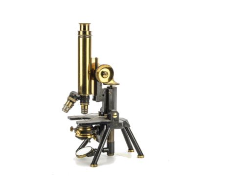 A J. Swift & Son Compound Monocular Microscope, black enamelled & lacquered brass, with triple nose piece, plain stage and Ab