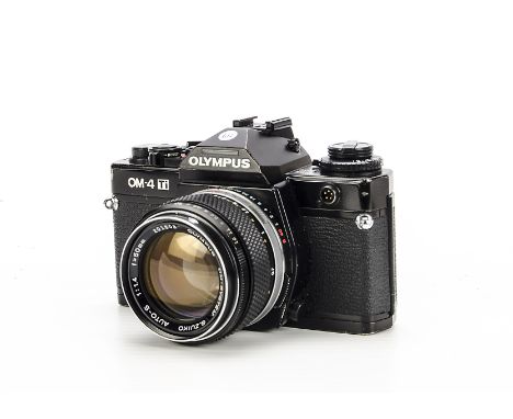 An Olympus OM-4 Ti SLR Camera, black, serial no. 1188250, with G.Zuiko f/1.4 50mm lens, black, serial no. 201808, body, G, sh