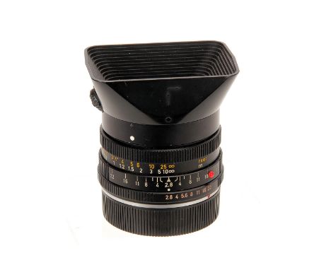 A Leitz Elmarit-R f/2.8 28mm Lens, black, serial no. 2785310, body, G, focusing stiff, elements, G-VG, some internal haze, wi