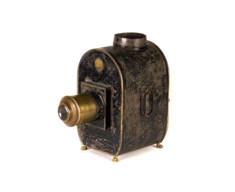 An Ernst Plank tinplate and brass Magic Lantern, with ovoid body, with paraffin illuminant, with eleven 27cm chromolithograph