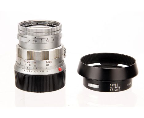 A Leica Summicron f/2 50mm Lens, chrome, serial no. 1832850, body, G-VG, elements, VG, some very light cleaning-like marks in