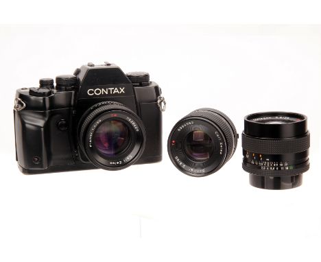 A Contax RX SLR Camera, black, serial no. 014764, with Carl Zeiss Planar T* f/1.4 50mm lens, black, serial no. 7528420, body,