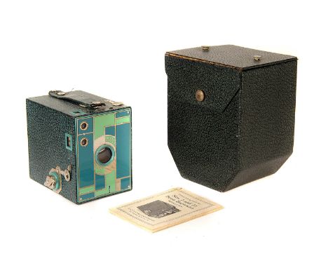 A Kodak Beau No.2 Brownie Camera, green, body, VG , shutter working, handle repaired, lens, VG, some light fungus, with instr
