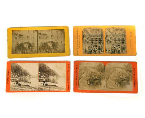 French Topographical and HTL Stereoscopic Cards: Cuirassiers saddling horses outside stables, horse-drawn carts outside shop,