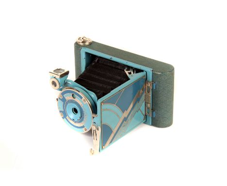 A Kodak Petite Vest Pocket Camera, blue lightning bolt pattern, body, G-VG, lens, G-VG, shutter working, some light fungus