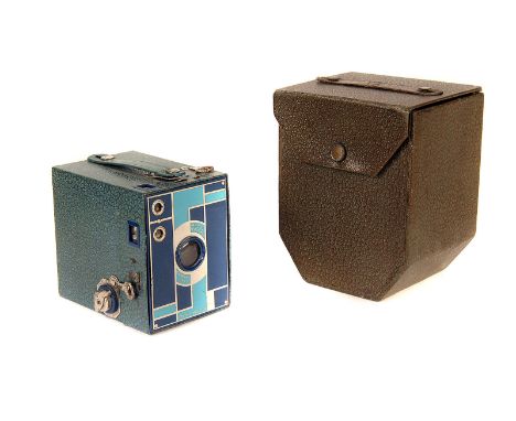 A Kodak Beau No.2 Brownie Camera, blue, body, VG, shutter working but arm not returning, lens, G-VG, some light fungus, in ma