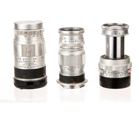 Leitz Lenses: Elmar f/4 90mm, chrome, serial no. 1829017, body, F, elements, G, some light internal marks, Elmarit f/2.8 90mm