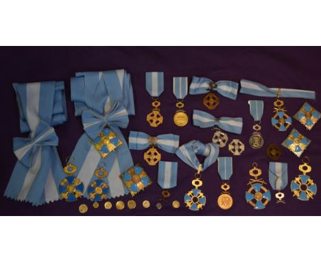 Romania, Republic, Faithful Service Order, Military Division, various insignia (19), mainly in silvered or gilt metal and blu